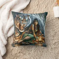 Native American Woman Relaxing by a Tiger Throw Pillow