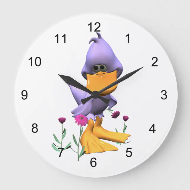 Cute and Shy Purple Cartoon Duck Large Clock