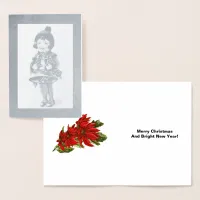 Vintage Christmas Girl Holding Holiday Bell, ZSSPG Foil Card