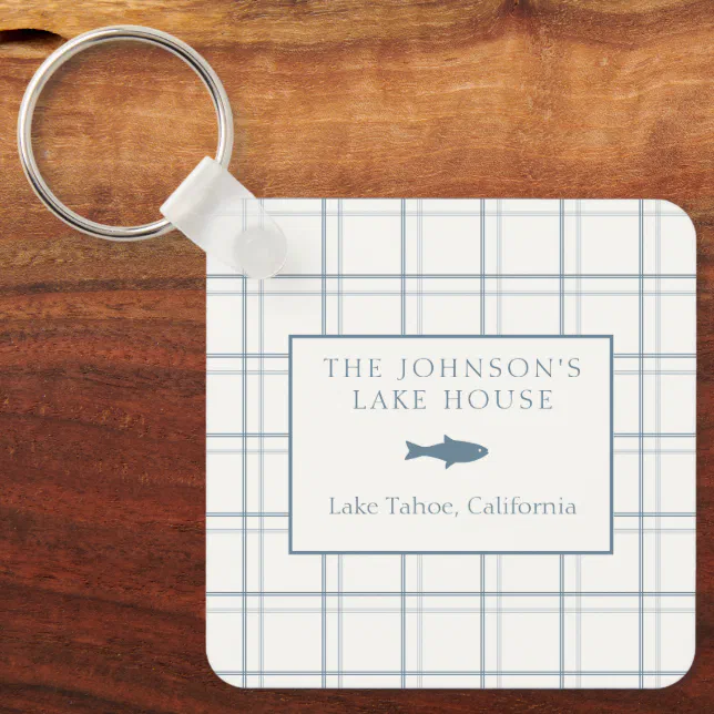 Classic Family Name Plaid Lake House Dusty Blue Keychain