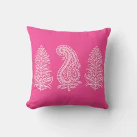 Indian Motif Handblock Print Light Cream on Pink Throw Pillow