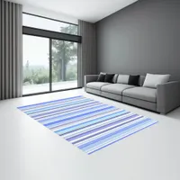 Trendy Modern coastal Blue and White Stripes Rug