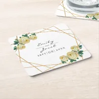 Elegant Gold Glitter Geo Yellow Floral Wedding Square Paper Coaster