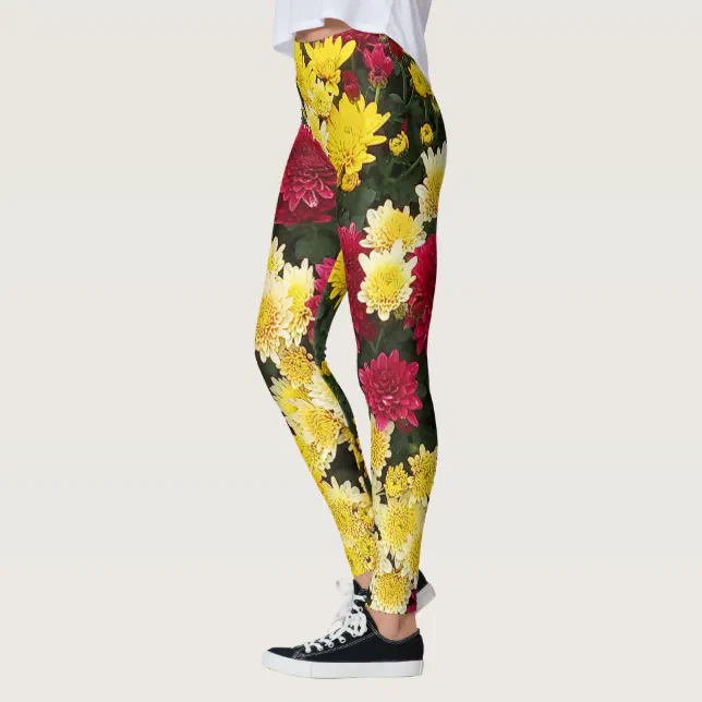 Stunning Red Gold Autumn Chrysanthemum Flowers Leggings