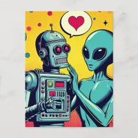 Alien and Robot in Love Postcard