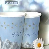 Custom blue paper cups adorned with fluffy clouds