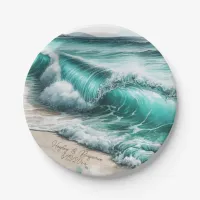 Turquoise Ocean Waves Personalized Wedding Paper Plates