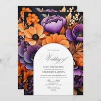 Burnt Orange, Dark Purple and Black Floral Wedding Invitation