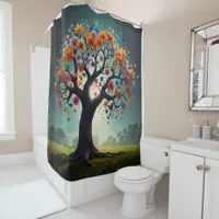 Tree in Bloom, colored Flowers & butterflies Shower Curtain