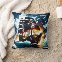 Pirate Ship Sailing Among Stormy Waves at Dusk Throw Pillow