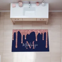 Navy Blue Rose Gold Sparkle Glitter Drips Monogram Rug