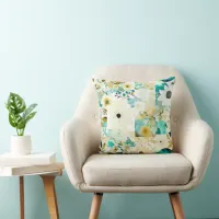 Pretty Folk Art White and Turquoise Flowers   Throw Pillow