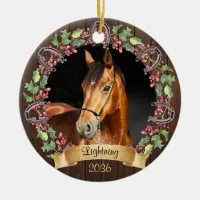 Rustic Personalized 2 Photo Horse Christmas Ceramic Ornament