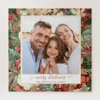 Elegant Red Holiday Floral Christmas Photo Jigsaw Puzzle