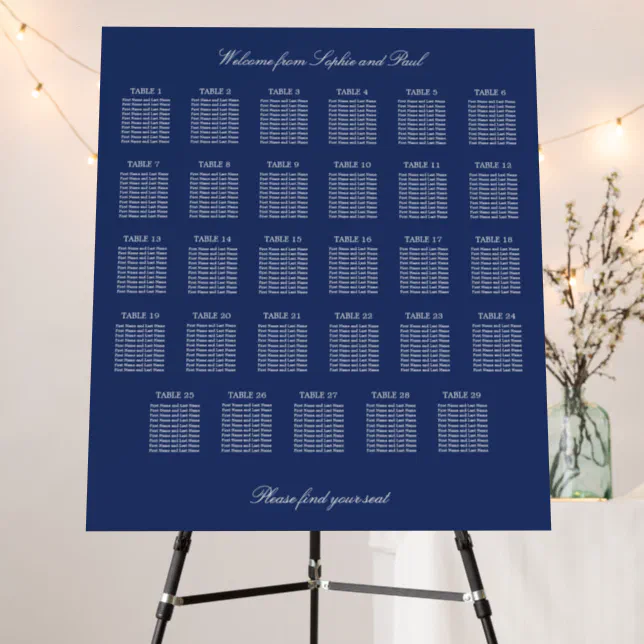 Navy Blue 29 Table Wedding Seating Chart Foam Board