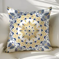 Navy and Gold Greek Key Mandala Throw Pillow