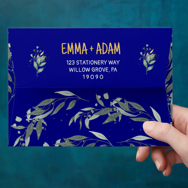 Simple Eucalyptus Greenery Navy Blue and Gold Envelope