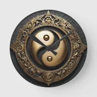 Black and Gold Yin Yang Symbol Round Clock