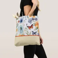 Watercolor Flowers and Butterflies, Color Block Tote Bag