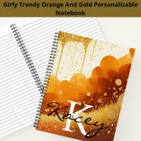 Orange Gold Glitter Girly Monogram Name Notebook