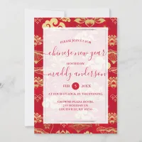 Chinese New Year Red Gold Lotus Floral Party Invitation