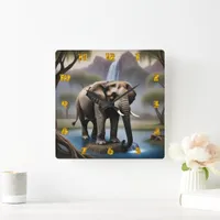 Majestic Elephant by Tranquil Waterfall at Dusk Square Wall Clock