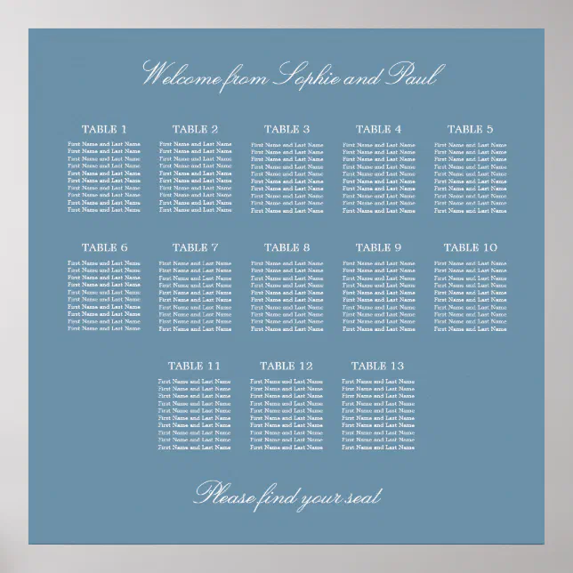 Dusty Blue 13 Table Wedding Seating Chart Poster