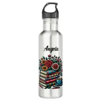 Personalized Vintage Books, Coffee and Flowers Stainless Steel Water Bottle