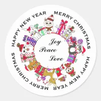 Joy, Peace, Love Little Christmas Animals Classic Round Sticker