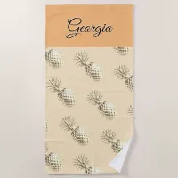 Elegant Pineapples Patterned Custom Name Peach Beach Towel