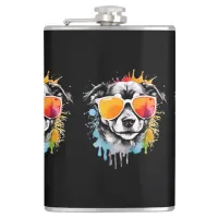 Cute colourful funny Dog portrait rainbow coloured Flask