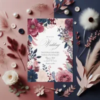 Burgundy, Navy, and Blush Boho Floral Wine Wedding Invitation