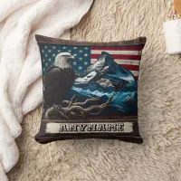 Eagle Perched Before Mountain and Flag Backdrop Throw Pillow