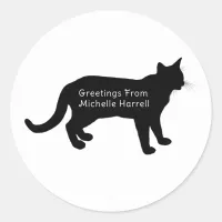 Greeting From Personalized Black Silhouette Cat Classic Round Sticker