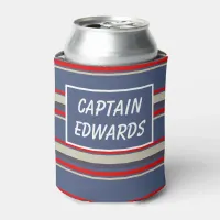 Ship's Captain Nautical Blue Striped Custom Can Cooler