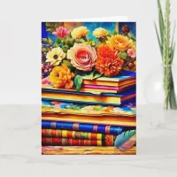 Pile of Vintage Books and Flowers Birthday Card