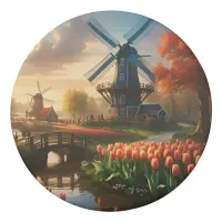 Windmill in Dutch Countryside by River with Tulips Eraser