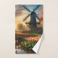 Windmill in Dutch Countryside by River with Tulips Bath Towel Set