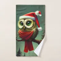 Retro Cute Santa Owl Christmas Hand Towel