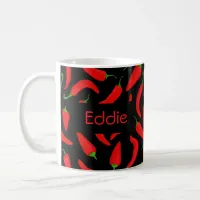 Spicy Red Chili Peppers on Black Custom Coffee Mug