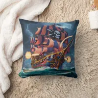 Pirate Ship Engaged in Battle During Stormy Night Throw Pillow