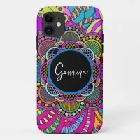 Colorful Rainbow Mandala Doodle Art Custom Name   iPhone 11 Case