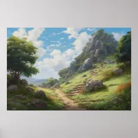 Oil painting winding path hilltop pinnacle poster