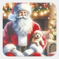 Santa and a Puppy | Vintage Christmas Square Sticker