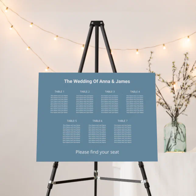 Modern Dusty Blue 7 Table Seating Chart Foam Board