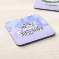 Merry Christmas Snow People Font, Blue Tint Snow Beverage Coaster