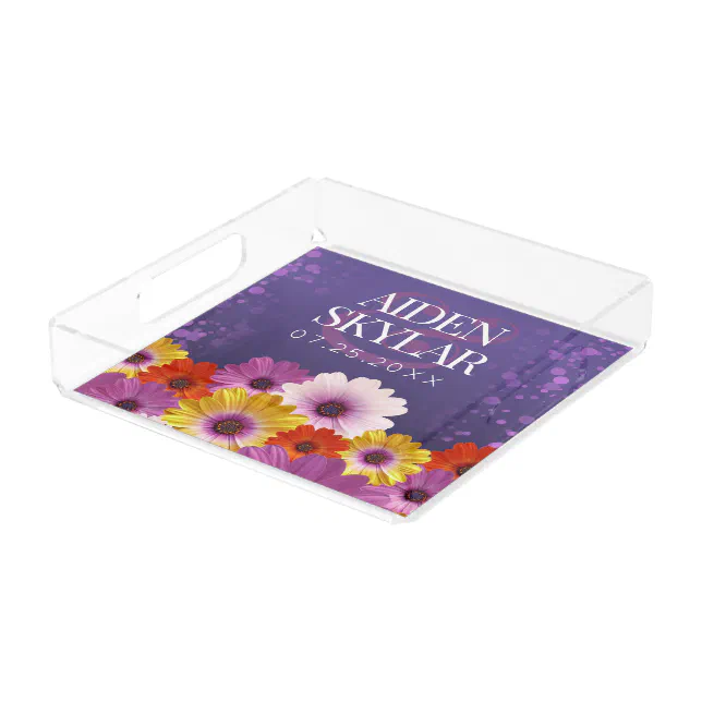 Elegant Daisies with Purple Glitter Wedding Acrylic Tray