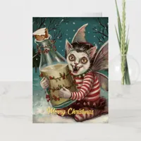 Christmas Vampire Kitty With Milk Bottle  Foil Greeting Card