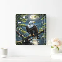 Eagle Perched on Branch Under Full Moonlight Square Wall Clock