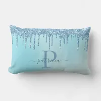 Glam Blue Glitter Drips Elegant Monogram  Lumbar P Lumbar Pillow